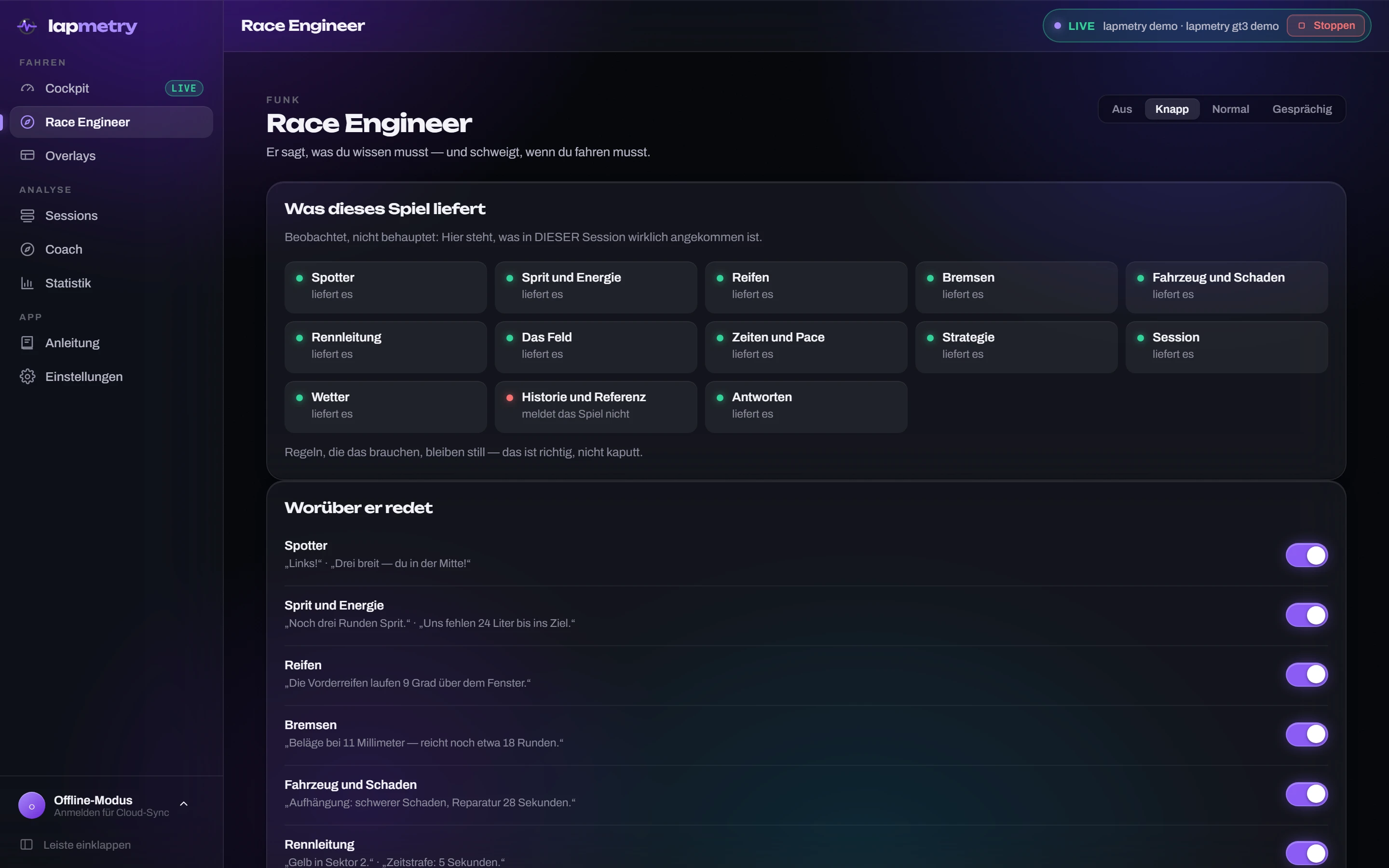 De Race Engineer-pagina van de Lapmetry-app: een overzicht van welke data het draaiende spel werkelijk levert, daaronder de lijst met domeinen en voorbeeldzinnen.